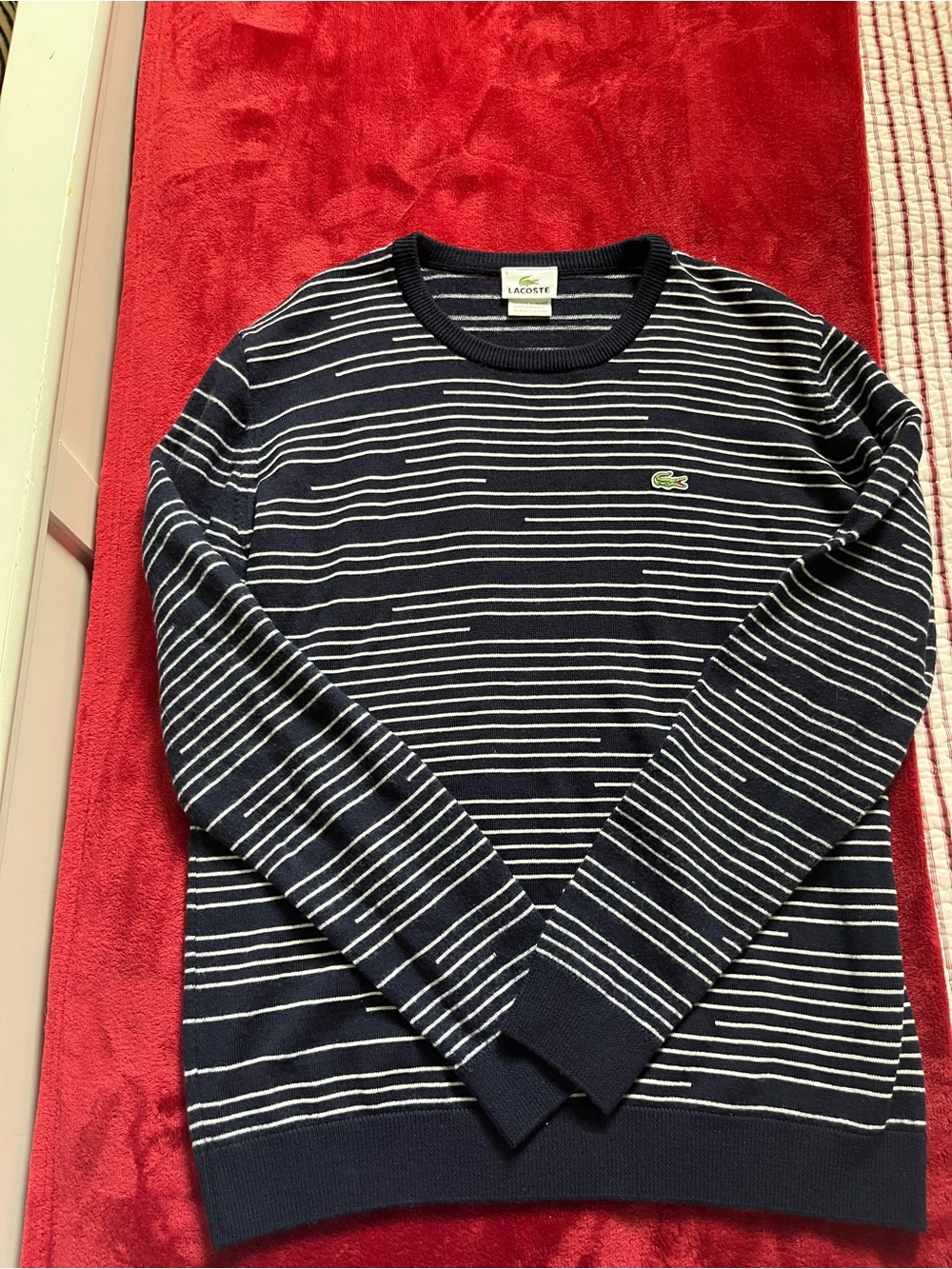 Lacoste Navy and White Striped Knit Crewneck